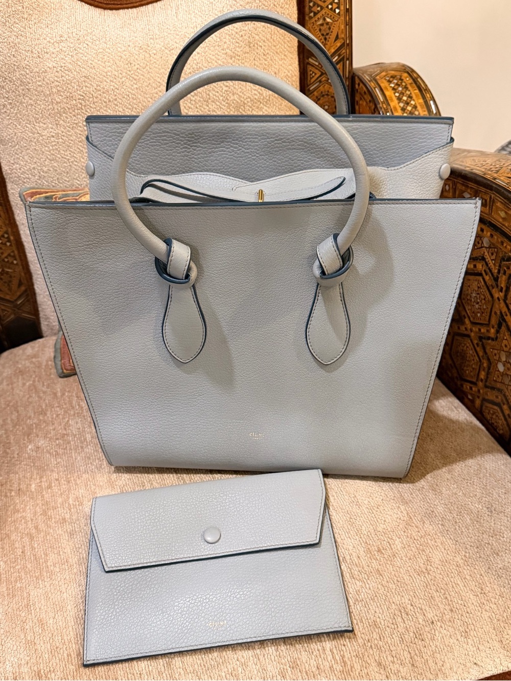 Celine Light Blue Tie Tote Handbag (with removable pouch)